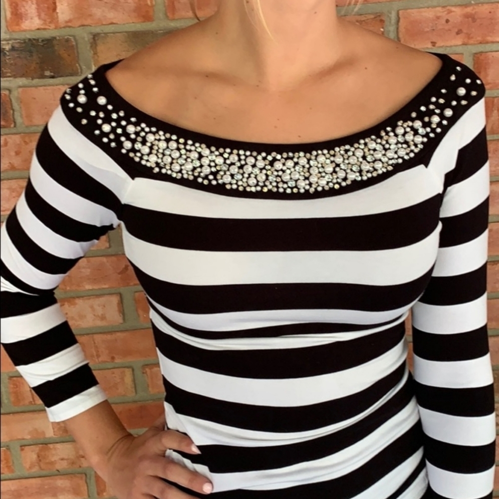 WHBM Pearl Rhinestone Striped Top - Picture 3 of 4